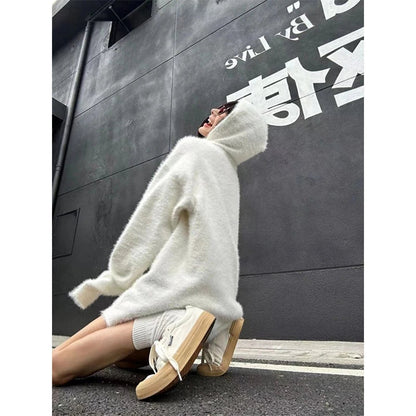 Mohair Hooded Sweater Oversized White Knitted Pullovers Korean Long Sleeve Knitwear Winter Zipper Jumpers