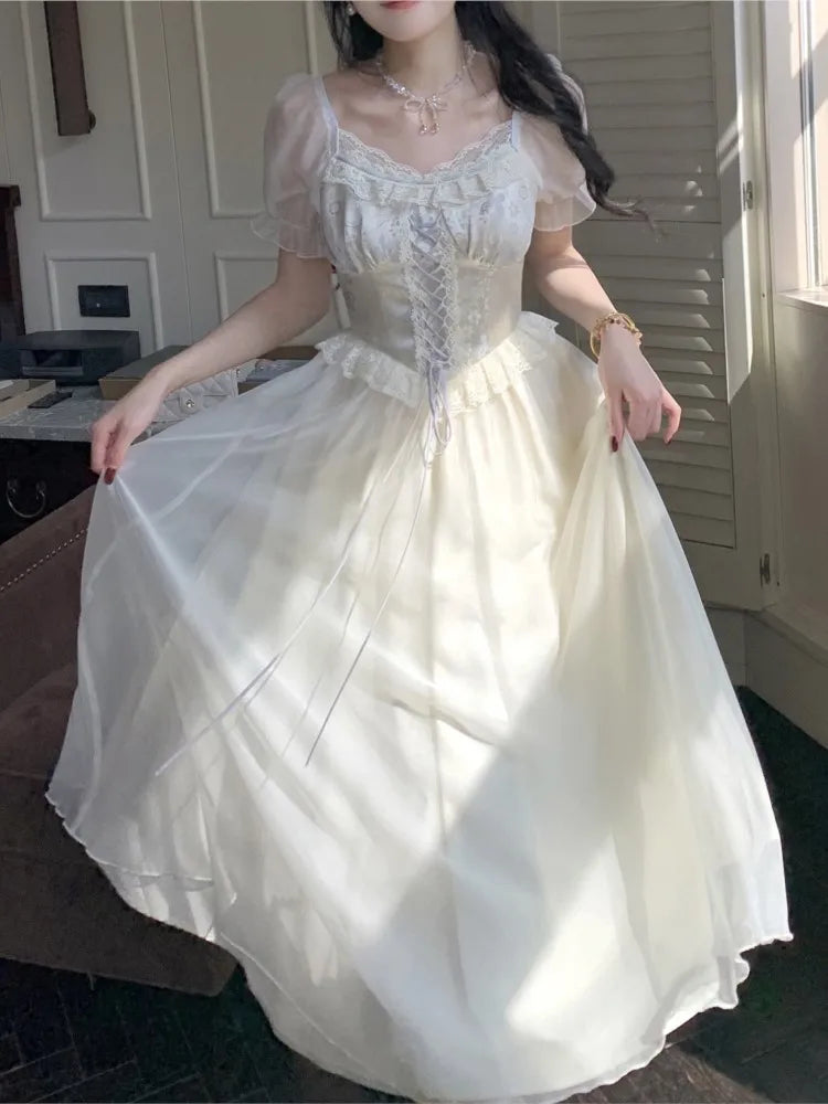 Princess Birthday Party Dress Puff Sleeve Lace-up A-line Midi Dresses for Square Collar Prom Robe Vestidos Mujer