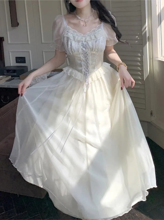 Princess Birthday Party Dress Puff Sleeve Lace-up A-line Midi Dresses for Square Collar Prom Robe Vestidos Mujer