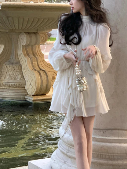 Summer Beach Style Chiffon Y2k Mini Dress Office Lady Long Sleeve One Piece Dress Korean Clothing