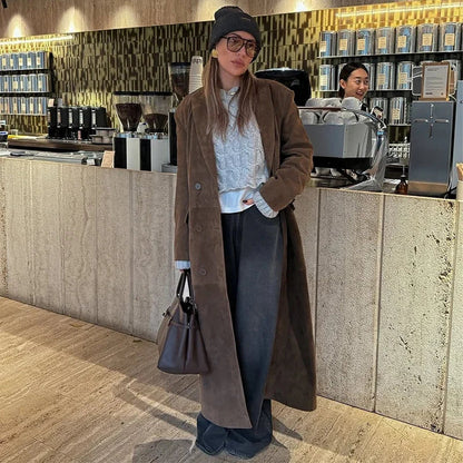 Long Long Sleeve Turn-down Collar Double Breasted Female Coat Autumn Lady Jacket New