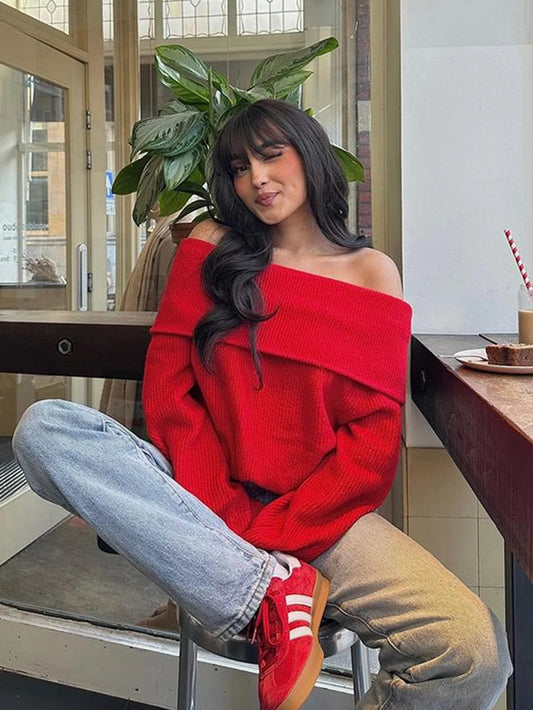 Simple Knitted Sweater for Woman Slash Neck Long Sleeve Loose Pullover Autumn Basic Jumper