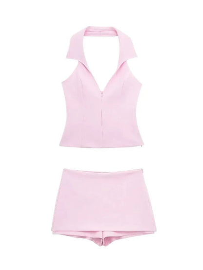 2 Piece Set Halter Tank Tops Sleeveless Slim Cropped Top Female High Waist Mini Skirts Shorts