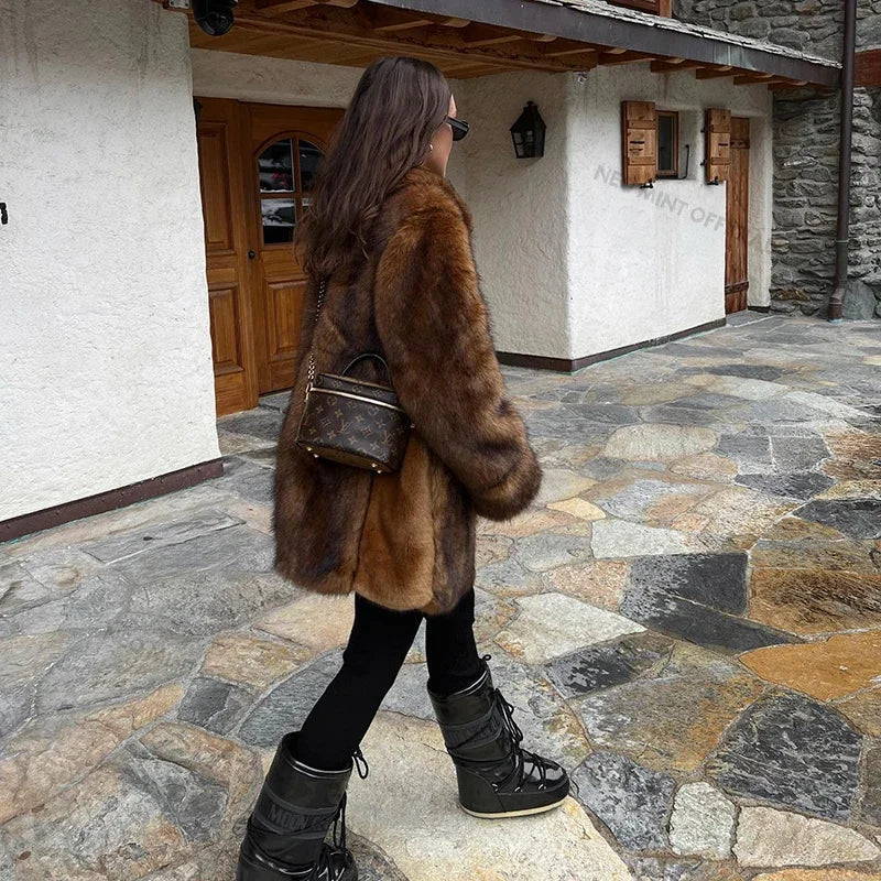 Brand Long Furry Faux Fur Coat Winter Brown Gradient Thick Warm Outerwear Fluffy Fur Jacket