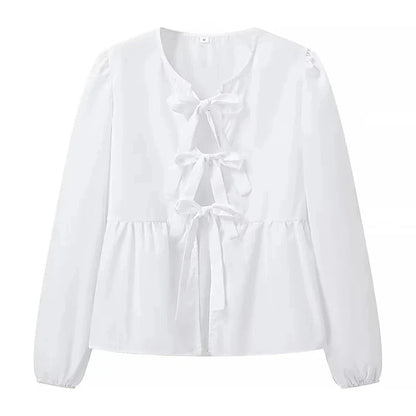 Summer Woman Bow Tied Lace Up Shirts Puff Short Sleeves Blouse Oneck Ruffle Color Tops