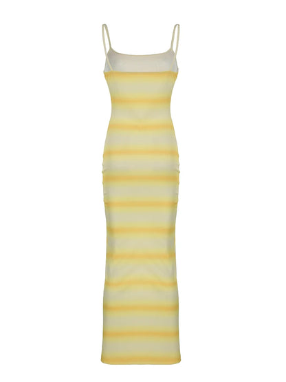 Yellow Gradient Stripe Slim Spaghetti Straps Long Dresses Split Side Rib Knit Beach Vacation Outfits