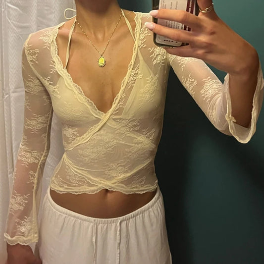 Deep V Neck Cross Wrap T-shirts Fairy Coquette Lace Sheer Blouses Tees Shirt Tie Up Cropped Tops Y2k Clothes