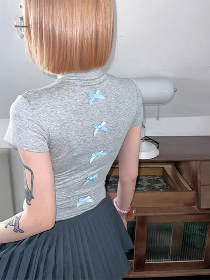 Bow Splicing Shortsleeved Tshirt Spring Summer New Base Shirt Slim Body Crop Top Korean Ropa De Mujer
