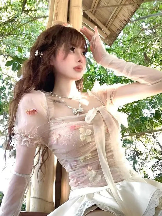 3d Flower Lace Top Lace Up Bubble Sleeves Blouses Summer Bow Waist Wrap Slim Sweet Spicy Girl Short Shirts Tops