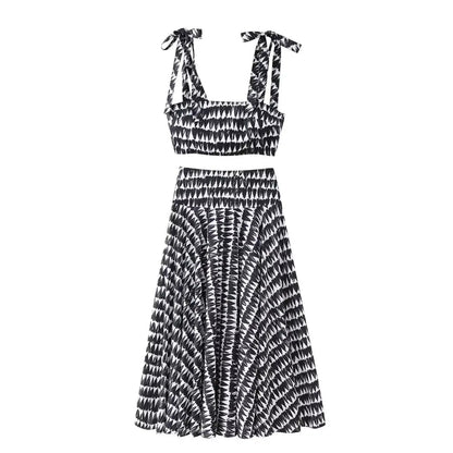 2 Piece Set Printed Bow Lace Up Cropped Camisole Sleeveless Tops High Waist Aline Pleated Skirts
