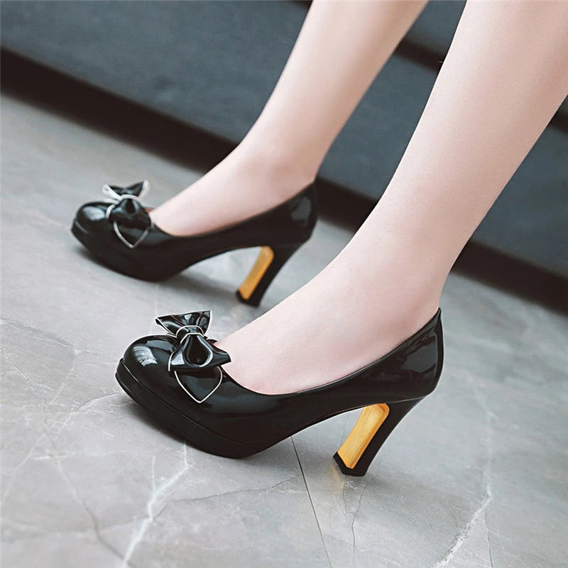 Pumps Round Toe Platform Thick High Heels Bow Shallow Wedding Shoes Spring Autumn Black Beige 43