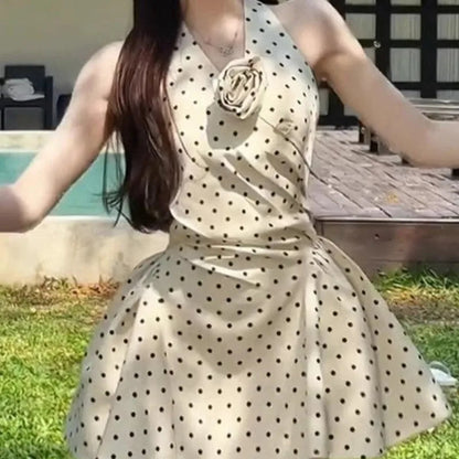 Polka Dot Halter Mini Dresses Spring Summer Sweet Korean Dress Flowers Vestidos Mujer