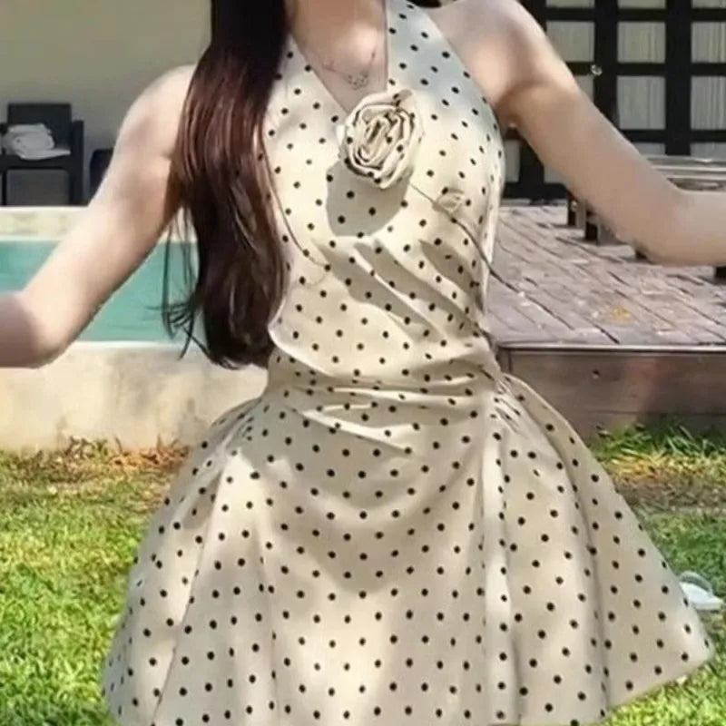 Polka Dot Halter Mini Dresses Spring Summer Sweet Korean Dress Flowers Vestidos Mujer