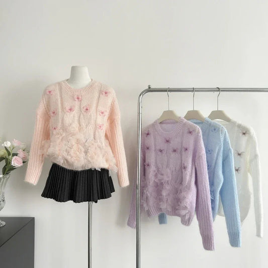 Sweet Hot Girl Butterfly Flower Sweater Autumn/winter Oneck Loose Longsleeved Knitted Sweater Female Clothes