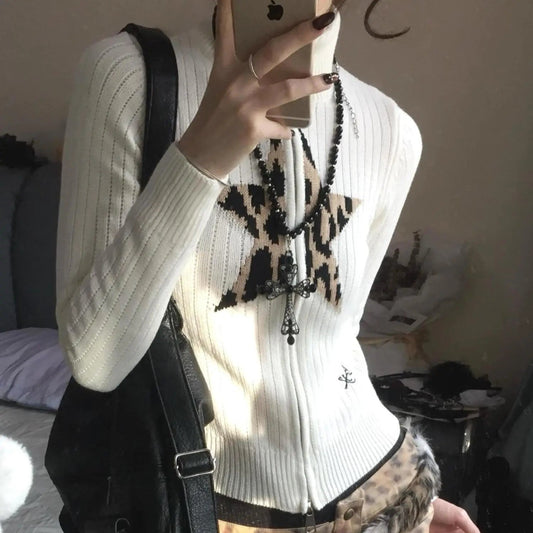 New Leopard Star Jacquard High Collar Zipper Sweater Coat Top American Retro Beige Slim Knitted Cardigan Top