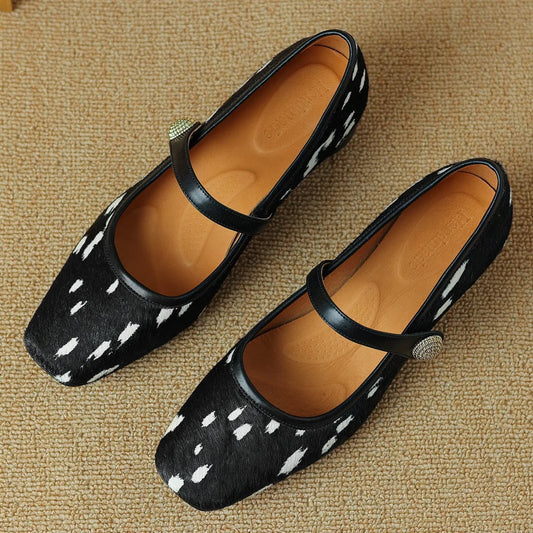 3442 Leopard Horsehair Mary Jane Flats Square Toe Female Soft Comfortable Slim Shoes Hot