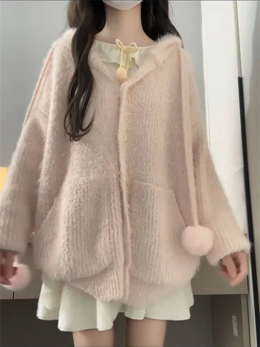 Sweater Sweet Furry Hooded Long Sleeve Loose Stretch Single Breasted Pockets Ball Drawstring Knitted Cardigan