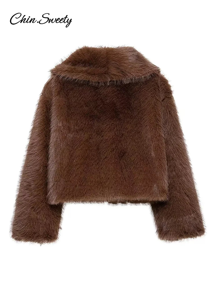 Brown Lapel Faux Fur Short Coat Fluffy Long Sleeve Warm Thick Loose Jacket Autumn Winter Lady High Street Outwear _