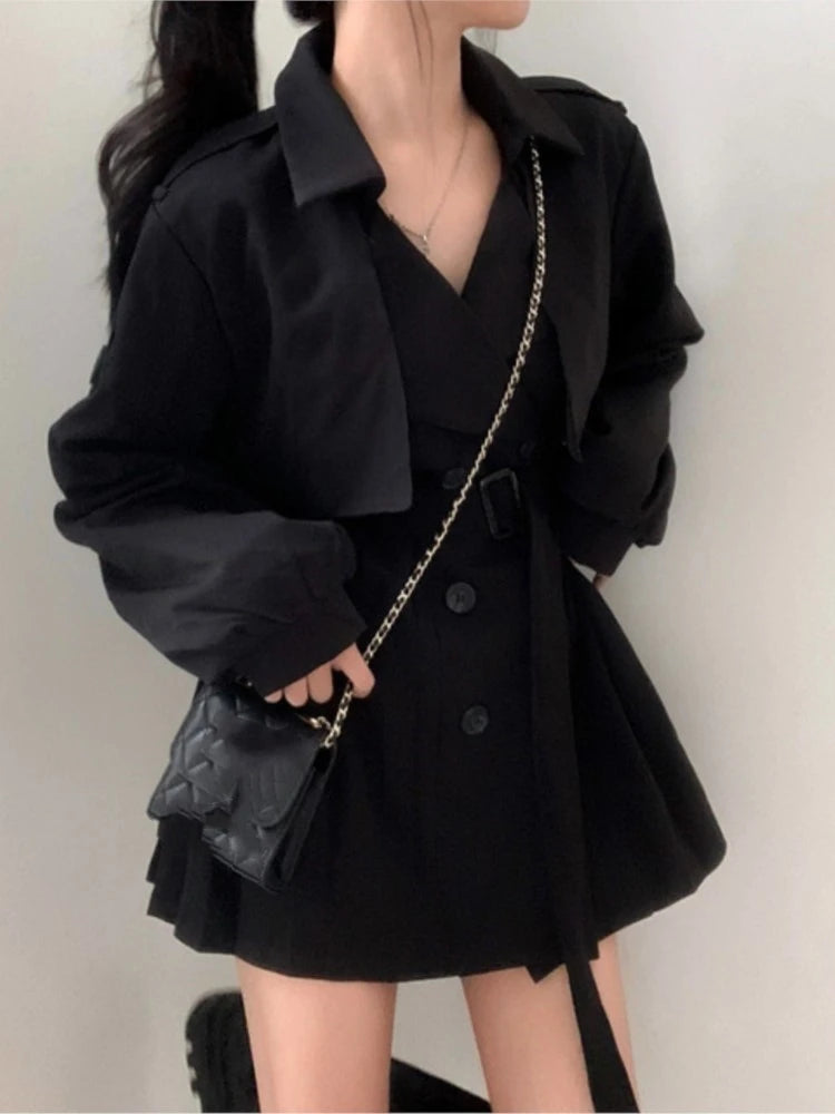 Autumn Korean Trench Coat Pleated Dresses for Belt Turn-down Collar Double Breasted Female Vestidos New