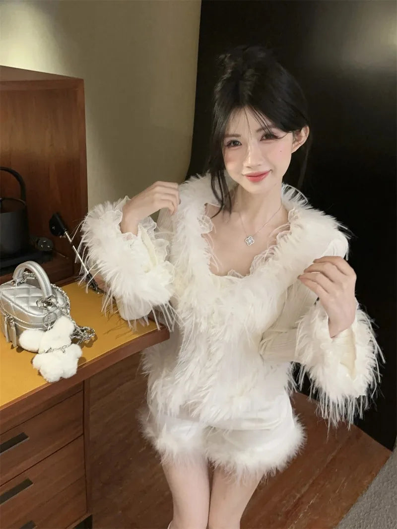Sweet Hot Girl Pure Vneck Splicing Wooly Sweater Top Autumn and Winter Longsleeved Slim Cardigan Female Clothes
