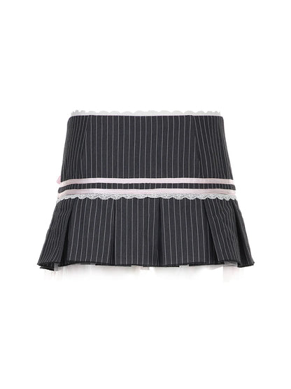 Contrast Lace Bow Stripe Y2k Mini Pleated Skirt Button Up Low Waist a Line Kawaii Sweet Ballet Preppy Skirts