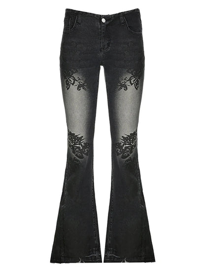 Y2k Flared Jeans 2000s Print Distressed Low Waist Slim Denim Pants Korean Retro Trousers