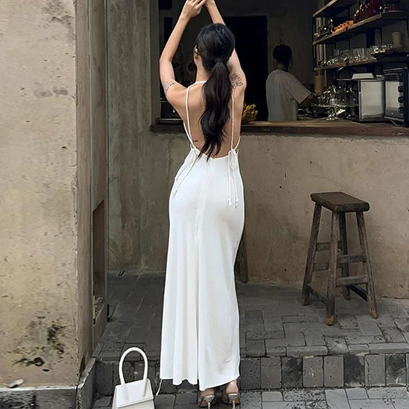 Summer Long Dress Color Spaghetti Strap Sleeveless Tie Up Backless Dresses Y2k Club Party Dresses