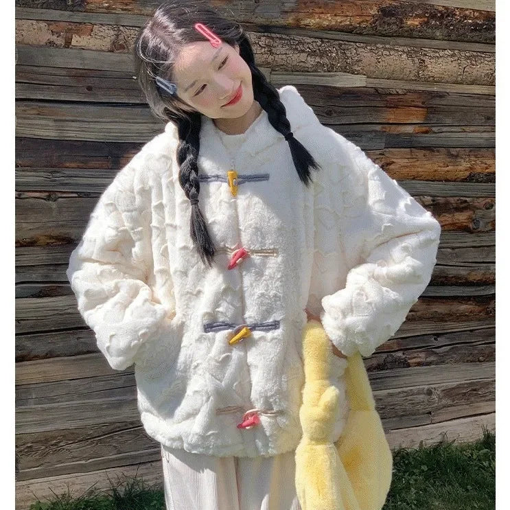 Autumn and Winter New Style Small Fragrance Unique White Plush Coat Hooded Colorful Horn Button Plush Top