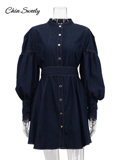 ’s Denim Blue Mini Dresses O-neck Long Sleeved Cinched High Waist Lace Up Dresses Spring Lady A-line Vestidos