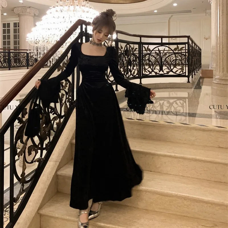 Y2k Velvet Long Dresses for Flare Sleeve Square Collar Slim Waist A-line Autumn Winter Evening Party Prom Robe Vestidos