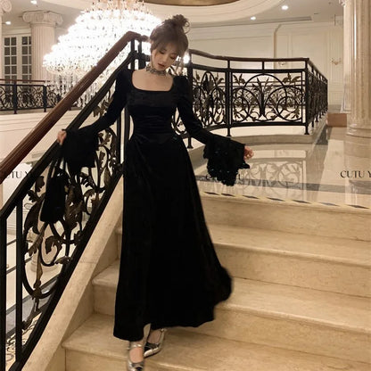Y2k Velvet Long Dresses for Flare Sleeve Square Collar Slim Waist A-line Autumn Winter Evening Party Prom Robe Vestidos