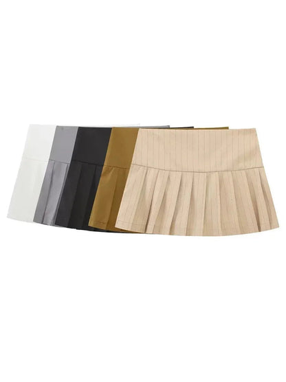 Summer Woman Stripe Slim Mini Skirts Side Zipper Stripe Skirt Low Waist Pleated Skirt With Lining Shorts