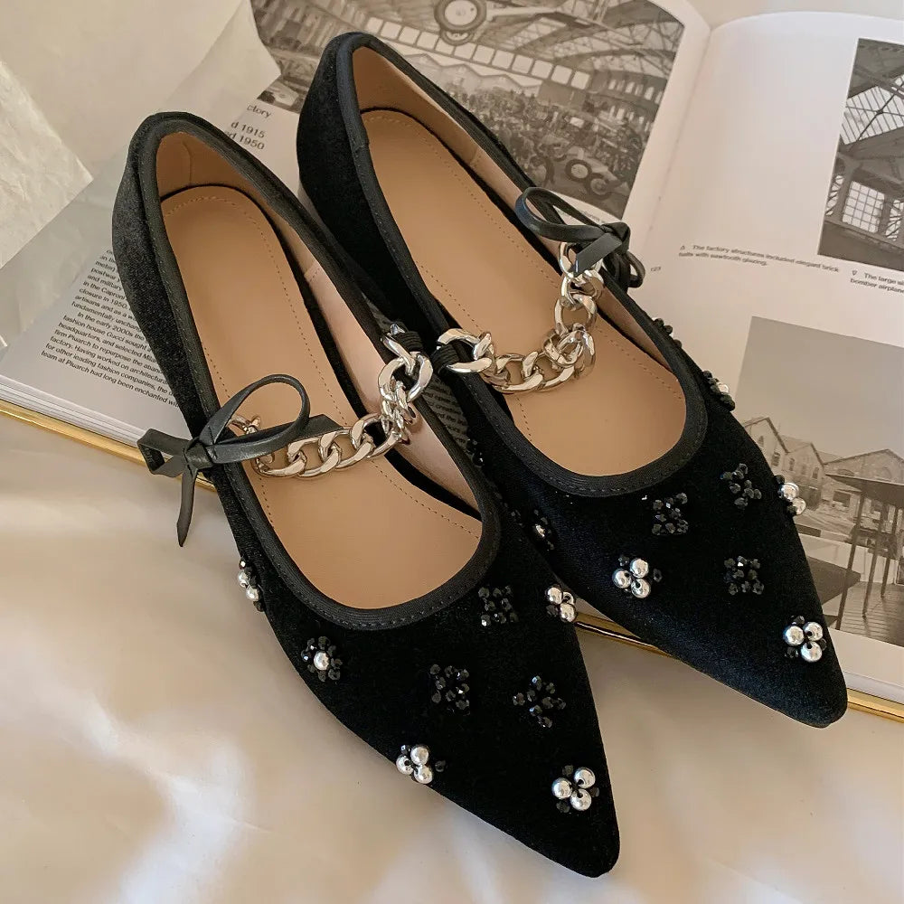 Velvet Pointed Toe Slipon Mary Jane Flats Beading Decoration Female Ballet Flats Sweet Female Ballerians Shoes
