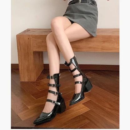 Leather Version Spicy Girl French Mary Jane Shoes Pointed Toe Thick Heel Boots Short Boots New Shoes