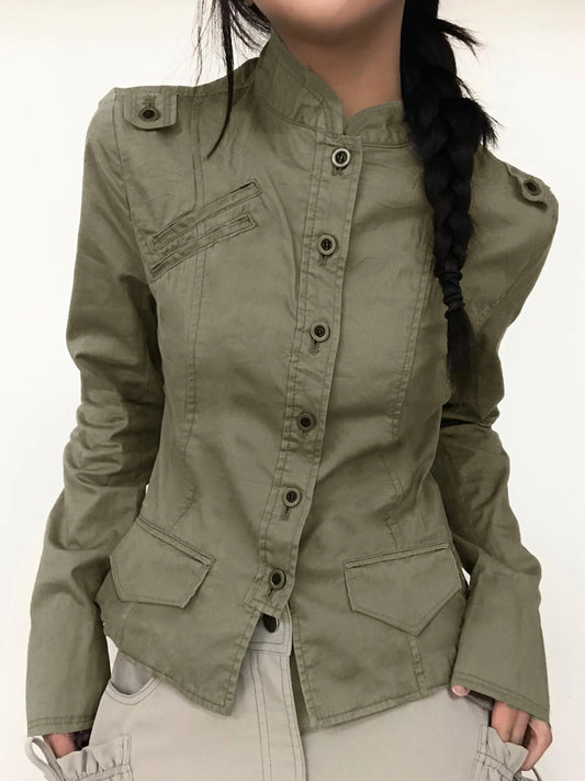 Retro Green Slim Cargo Jackets Button Up Stand Collar Long Sleeve Autumn Korean New Outwear