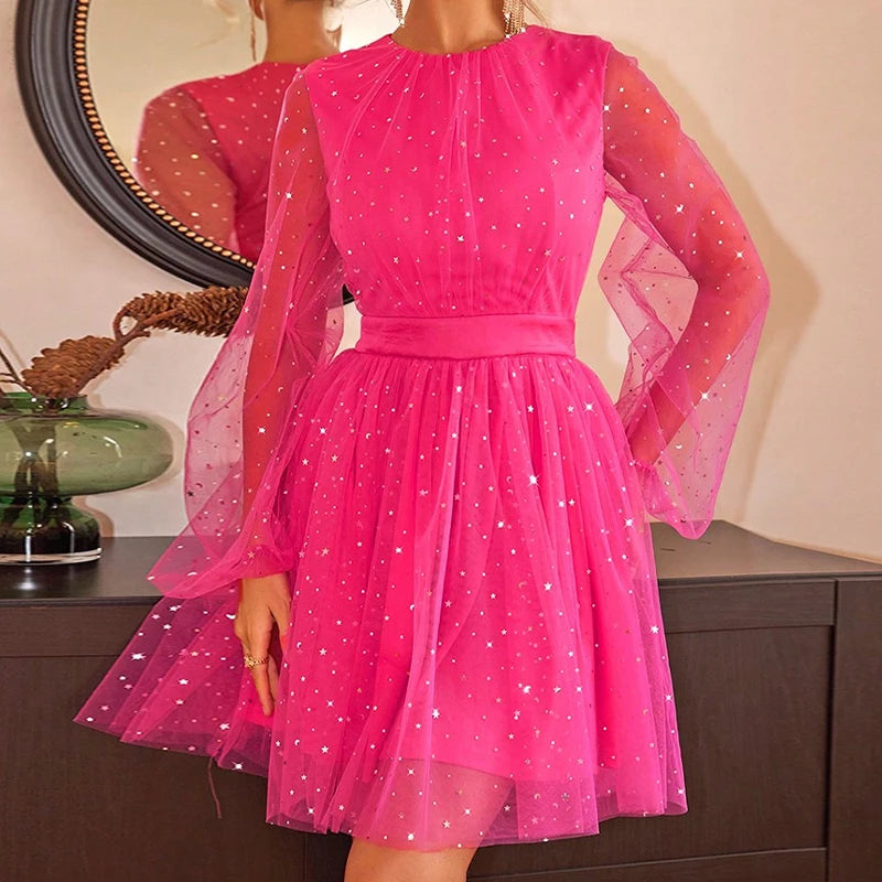 New Star Print Mesh Party Dress Long Sleeve Waist Bridesmaid Dresses Oneck Lantern Sleeves Mini Dress
