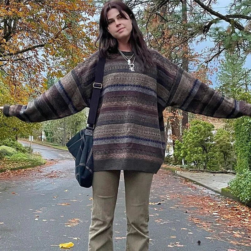Preppy Grunge Retro Striped Knitted Sweater Autumn O Neck Full Sleeve Jumpers Fairycore Y2k Aesthetics Grandpa Pullovers