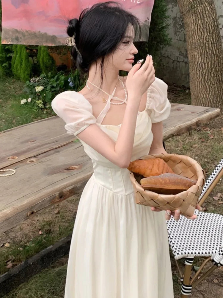 Summer Halter Midi Dress Female Chiffon Square Neck Party One Pieces Dresses French New Vestidos Robe