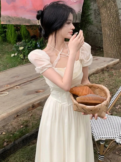 Summer Halter Midi Dress Female Chiffon Square Neck Party One Pieces Dresses French New Vestidos Robe