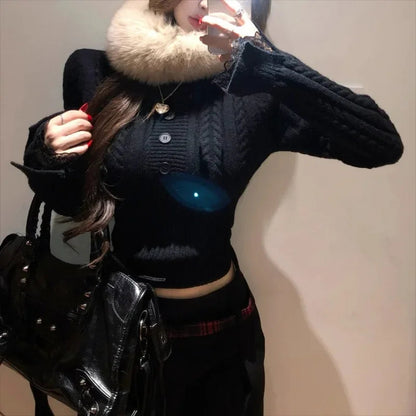 Spring New Korean Lace Splicing Multibutton Color Long Sleeve Sweater + Warm Plush Scarf Twopiece Suit