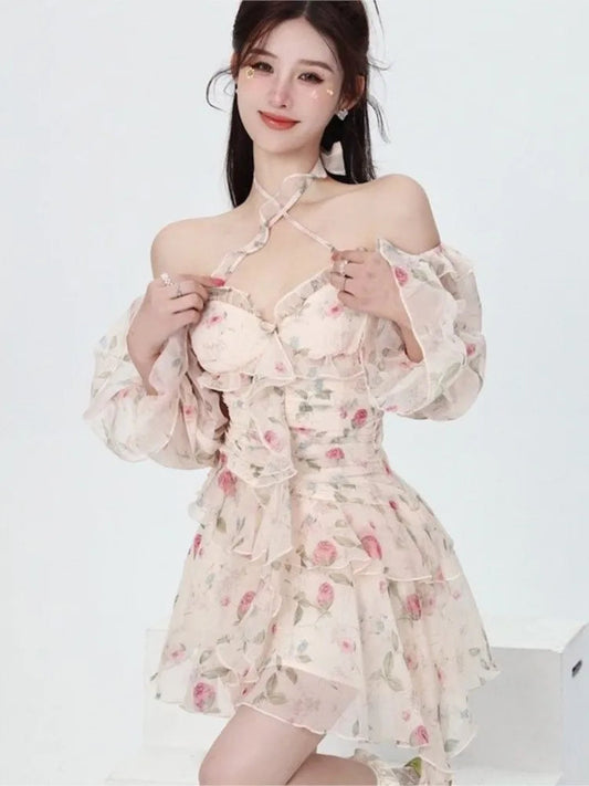 Summer Sweet Print Chiffon Dress Long Sleeve Ruffles Party Mini Dresses Female Korean Slim Vestidos