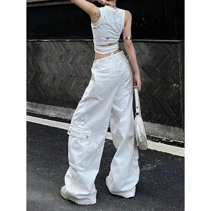 Baggy Cargo Jeans Woman Korean Harajuku Wide Leg Denim Pants Basic White Trousers