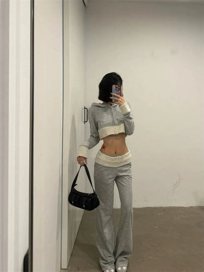Korean Long Sleeve Hoodie Knitted Coat + Y2k Grunge High Waist Loose Wide Leg Pants Spring New Two Piece Sets