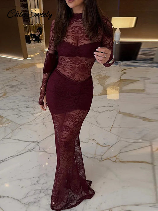 Lace Patchwork Long Dresses Slim Turtleneck Hollow Out Slit Party Dress Female Spring Slim See Through Robe New