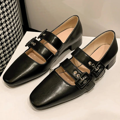 Genuine Leather Double Metal Buckle Slipon Mary Jane Flats Sqaure Toe Female Soft Comfortable Ballerinas Shoes