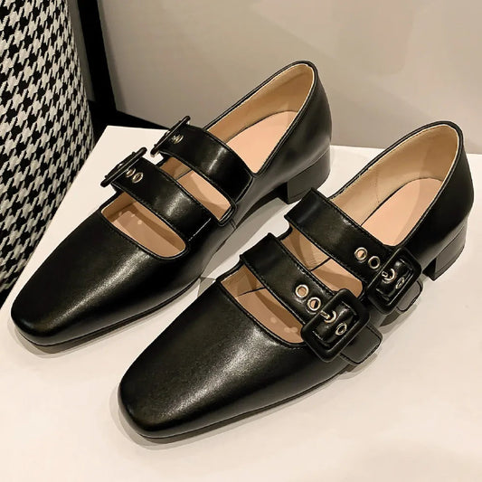 Genuine Leather Double Metal Buckle Slipon Mary Jane Flats Sqaure Toe Female Soft Comfortable Ballerinas Shoes