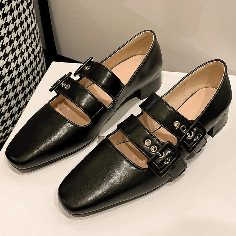 Genuine Leather Double Metal Buckle Slipon Mary Jane Flats Sqaure Toe Female Soft Comfortable Ballerinas Shoes