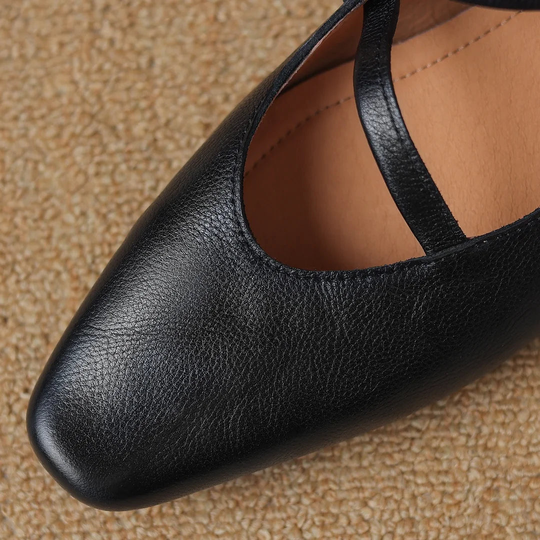 Genuine Leather Square Toe Slipon Pumps 4cm Thick Low Heel Ol Style Narrow Band Cross Strap Slim Shoes