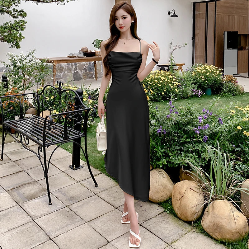 Summer New Swinging Neck Acetic Acid Strap Open Back Dress Summer Dopamine Pure Desire French Impossible Long Dress