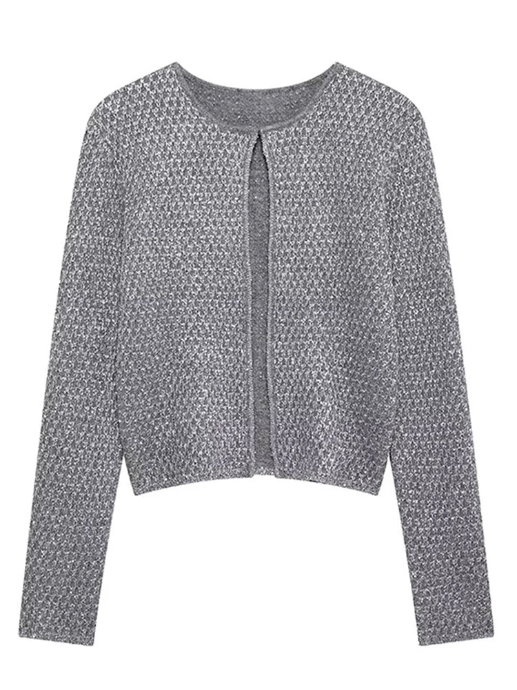 Slim Sequin O Neck Knitted Cardigan Long Sleeve Single Breasted One Button Sweater Spring Lady New Commute Knitwear